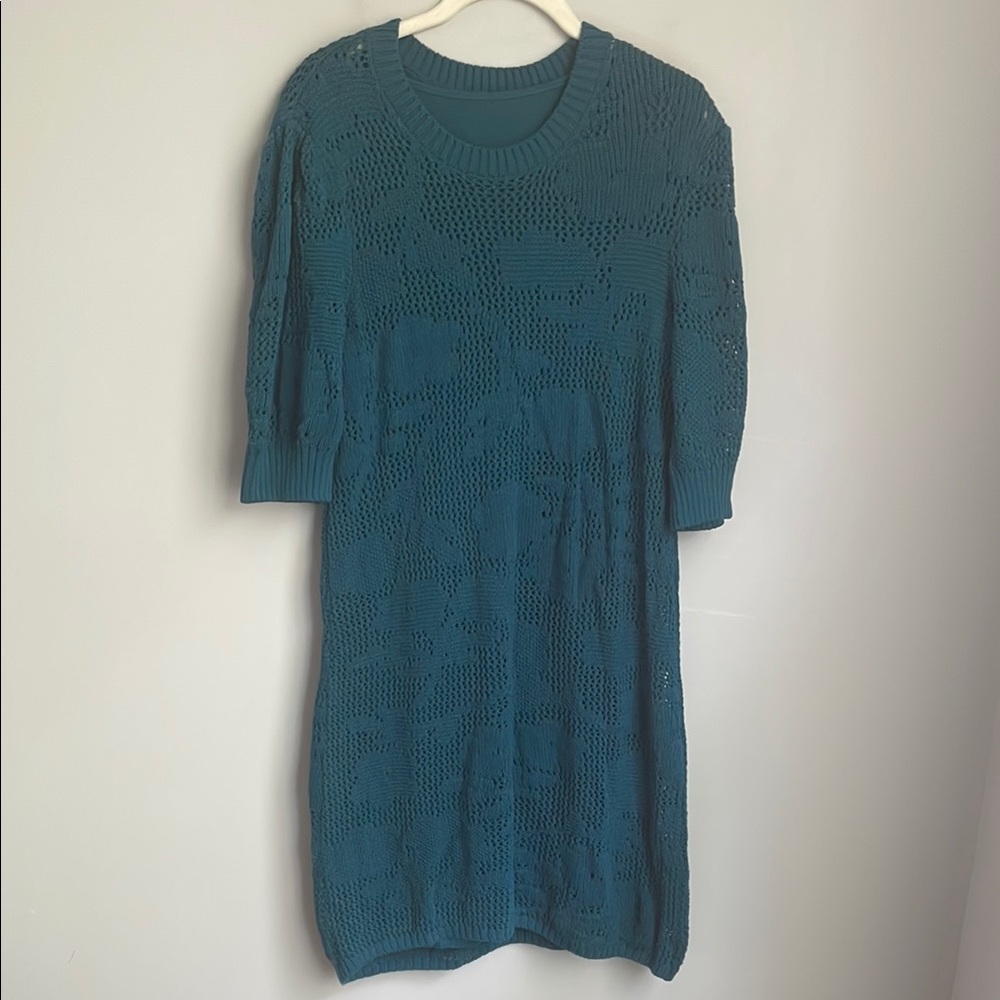 Anthropologie Teal Open-Knit Long Sleeve Sweater Dress